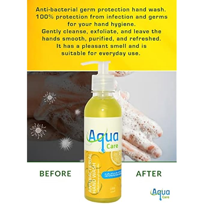 Aqua Care ANTI BACTERIA LIQUID HAND WASH LIME EXTRACT, EFFECTIVE GERM PROTECT SKIN HAND SOAP, MOISTURIZING & SOOTHING CLEAN WITH FRESH LEMON SCENT, ESSENTIAL OILS & PARABEN FREE, 240ML - Image 3
